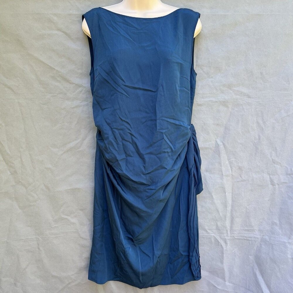 Magaschoni Size 10 Teal Blue 100% Silk Dress Sleeveless Asymmetrical Pleated